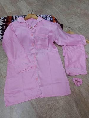 3 Pcs Women's Stitched Silk Plain Night Suit